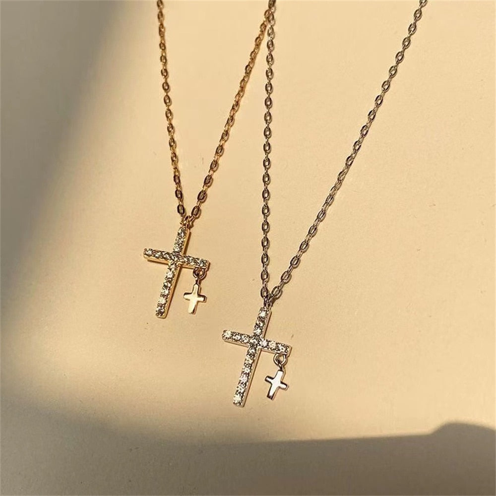 Vintage Double Cross Pendant Necklace