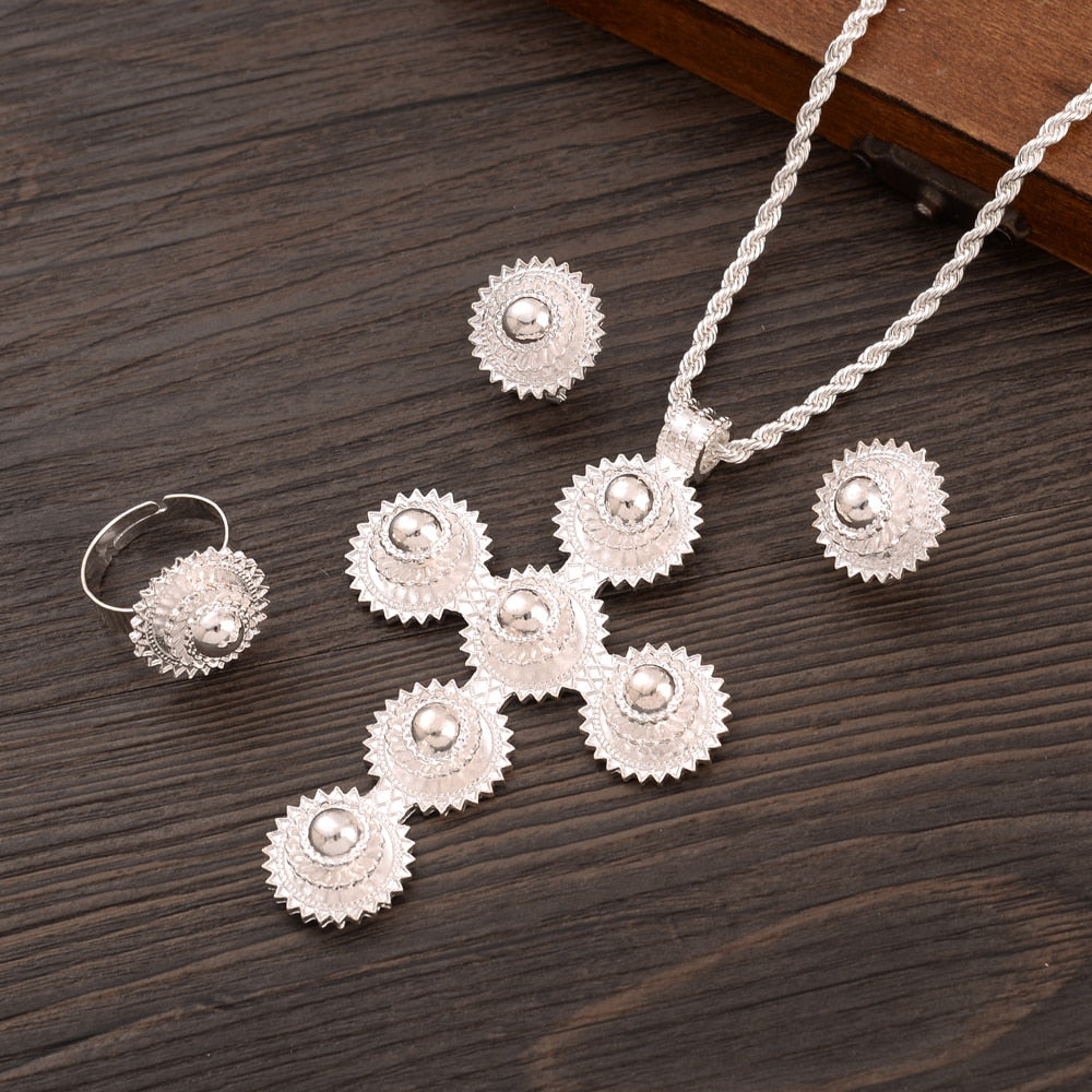 Silver Color Cross Necklace Set